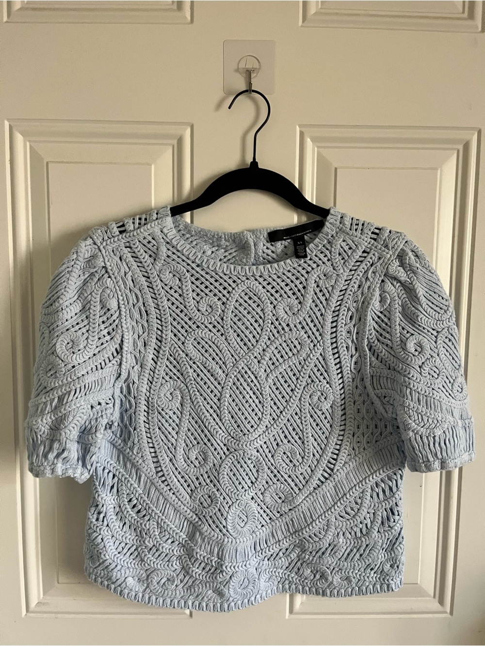 WHBM Light Blue Crochet Puff-Sleeve Top